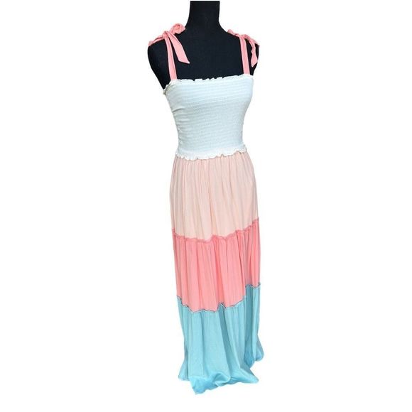 Women’s Tiered Color Block Smocked Maxi Dress-Tie Sleeves-See Description on SZ - Picture 4 of 16